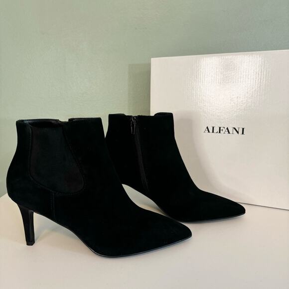 Alfani Women's Black Suede Pointed Toe Zip Heels Jacklynnel Ankle Boots 7M NIB - Picture 2 of 14